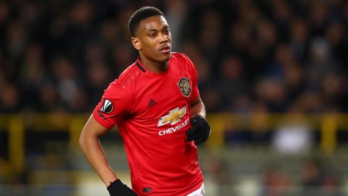 Anthony Martial BRUGGE, BELGIUM - FEBRUARY 20: Anthony Martial of Manchester United celebrates after scoring his teams first goal during the UEFA Europa League round of 32 first leg match between Club Brugge and Manchester United at Jan Breydel Stadium on February 20, 2020 in Brugge, Belgium. (Photo by Dean Mouhtaropoulos/Getty Images)