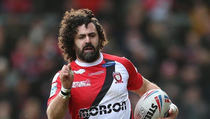 SALFORD, ENGLAND - FEBRUARY 08: Rhys Williams of Salford Red Devils runs with the ball during the Betfred Super League match between Salford Red Devils and Toronto Wolfpack at AJ Bell Stadium on February 08, 2020 in Salford, England. (Photo by Lewis Storey/Getty Images)