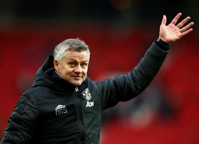 MANCHESTER, ENGLAND - FEBRUARY 23: Ole Gunnar Solskjaer, Manager of Manchester United acknowledges the fans following the Premier League match between Manchester United and Watford FC at Old Trafford on February 23, 2020 in Manchester, United Kingdom. (Photo by Clive Brunskill/Getty Images)