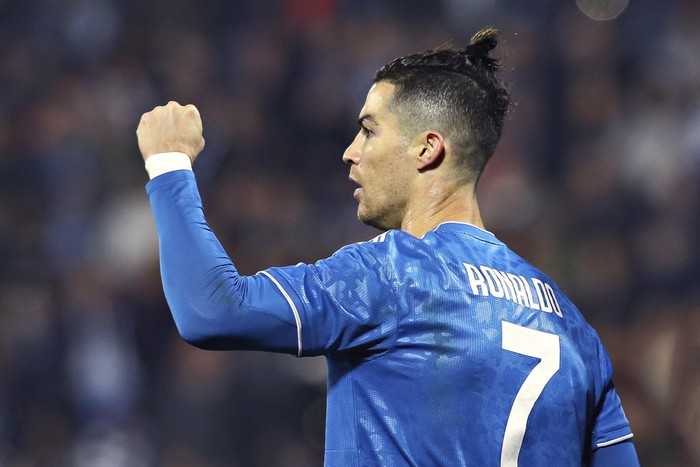 Juventus Cristiano Ronaldo celebrates scoring his sides first goal, during an Italian Serie A soccer match between Spal and Juventus at the Paolo Mazza stadium in Ferrara, Italy, Saturday, Feb. 22, 2020. (Filippo Rubin/LaPresse via AP)