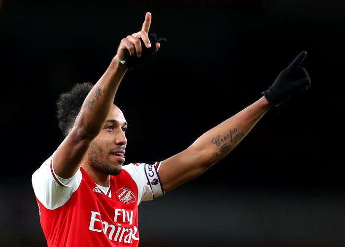LONDON, ENGLAND - FEBRUARY 23:  Pierre-Emerick Aubameyang of Arsenal  celebrates victory during the Premier League match between Arsenal FC and Everton FC at Emirates Stadium on February 23, 2020 in London, United Kingdom. (Photo by Catherine Ivill/Getty Images)