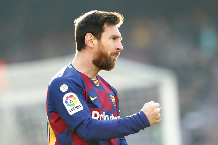 Barcelonas Lionel Messi celebrates after scoring his sides opening goal during a Spanish La Liga soccer match between Barcelona and Eibar at the Camp Nou stadium in Barcelona, Spain, Saturday Feb. 22, 2020. (AP Photo/Joan Monfort)
