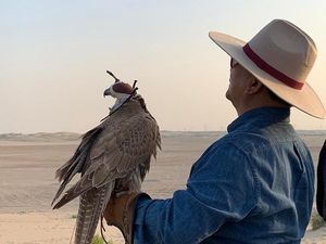 Potret Prabowo Rapat di Tengah Gurun Pasir Sambil Lepas Elang