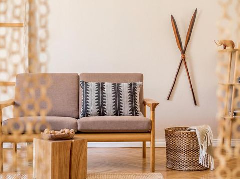 Design scandinavian home interior of living room.Beige wall. Modern home staging. Template. Japandi.
