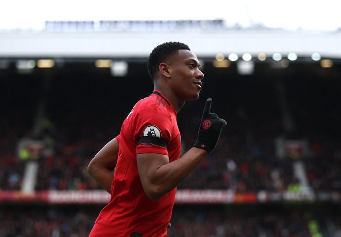 MANCHESTER, ENGLAND - FEBRUARY 23: Anthony Martial of Manchester United celebrates after scoring his teams second goal during the Premier League match between Manchester United and Watford FC at Old Trafford on February 23, 2020 in Manchester, United Kingdom. (Photo by Clive Brunskill/Getty Images)