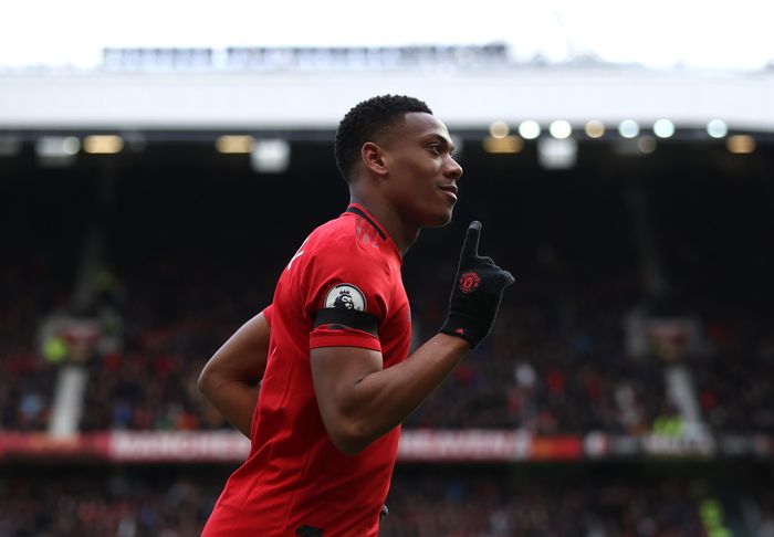 Anthony Martia MANCHESTER, ENGLAND - FEBRUARY 23: Anthony Martial of Manchester United celebrates after scoring his teams second goal during the Premier League match between Manchester United and Watford FC at Old Trafford on February 23, 2020 in Manchester, United Kingdom. (Photo by Clive Brunskill/Getty Images)