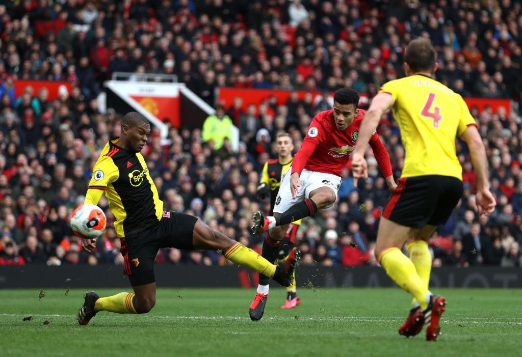 MANCHESTER, ENGLAND - FEBRUARY 23: Mason Greenwood of Manchester United scores his team's third goal during the Premier League match between Manchester United and Watford FC at Old Trafford on February 23, 2020 in Manchester, United Kingdom. (Photo by Clive Brunskill/Getty Images)