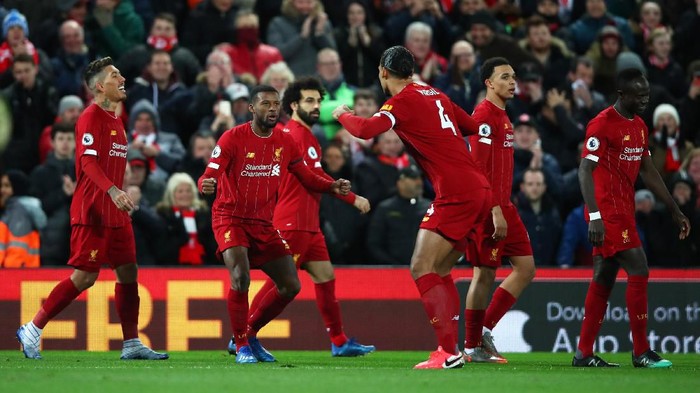LIVERPOOL, ENGLAND - FEBRUARY 24: Georginio Wijnaldum of Liverpool celebrates after scoring his sides first goal during the Premier League match between Liverpool FC and West Ham United at Anfield on February 24, 2020 in Liverpool, United Kingdom. (Photo by Clive Brunskill/Getty Images)