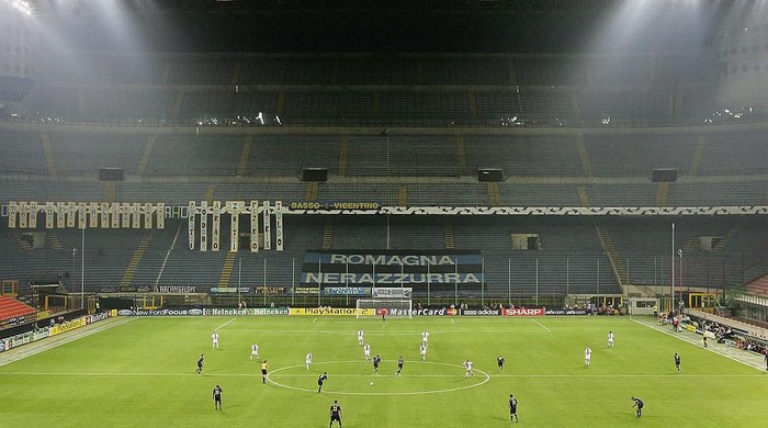 MILAN, ITALY - SEPTEMBER 28: A general view of the empty stands during the UEFA Champions League Group H match between Internazionale and Glasgow Rangers on September 28, 2005 at the San Siro in Milan, Italy.  (Photo by Laurence Griffiths/Getty Images)