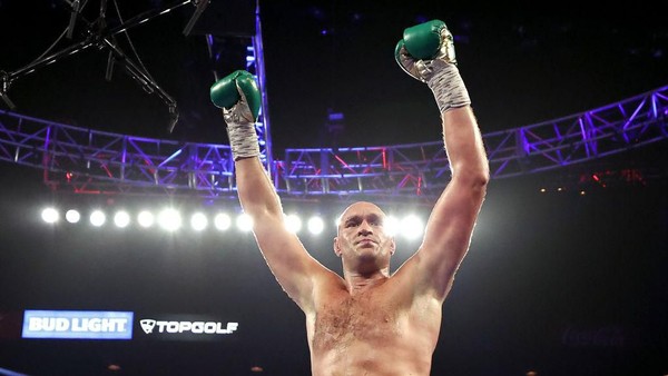 LAS VEGAS, NEVADA - FEBRUARY 22:  Tyson Fury celebrates after knocking down Deontay Wilder during their Heavyweight bout for Wilders WBC and Furys lineal heavyweight title on February 22, 2020 at MGM Grand Garden Arena in Las Vegas, Nevada. (Photo by Al Bello/Getty Images)