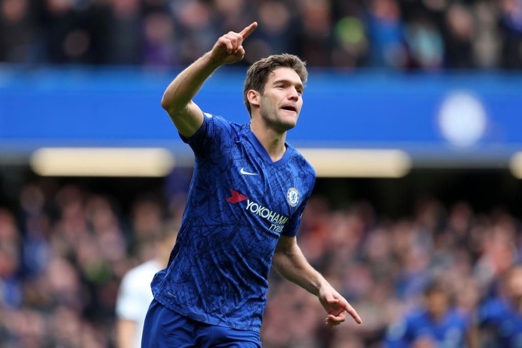 LONDON, ENGLAND - FEBRUARY 22: Marcos Alonso of Chelsea celebrates after scoring his teams second goal during the Premier League match between Chelsea FC and Tottenham Hotspur at Stamford Bridge on February 22, 2020 in London, United Kingdom. (Photo by Catherine Ivill/Getty Images)