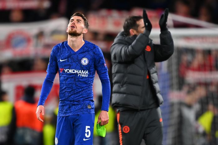 LONDON, ENGLAND - FEBRUARY 25: Jorginho of Chelsea reacts following defeat during the UEFA Champions League round of 16 first leg match between Chelsea FC and FC Bayern Muenchen at Stamford Bridge on February 25, 2020 in London, United Kingdom. (Photo by Clive Mason/Getty Images)