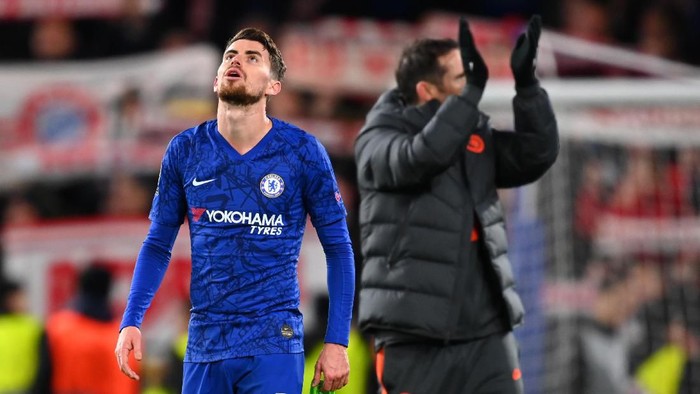 LONDON, ENGLAND - FEBRUARY 25: Jorginho of Chelsea reacts following defeat during the UEFA Champions League round of 16 first leg match between Chelsea FC and FC Bayern Muenchen at Stamford Bridge on February 25, 2020 in London, United Kingdom. (Photo by Clive Mason/Getty Images)