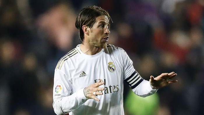 VALENCIA, SPAIN - FEBRUARY 22: Sergio Ramos of Real Madrid gestures after the Liga match between Levante UD and Real Madrid CF at Ciutat de Valencia on February 22, 2020 in Valencia, Spain. (Photo by Eric Alonso/Getty Images)