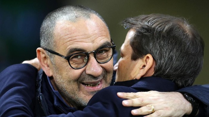 LYON, FRANCE - FEBRUARY 26: Juventus head coach Maurizio Sarri during the UEFA Champions League round of 16 first leg match between Olympique Lyon and Juventus at Parc Olympique on February 26, 2020 in Lyon, France. (Photo by Catherine Ivill/Getty Images)