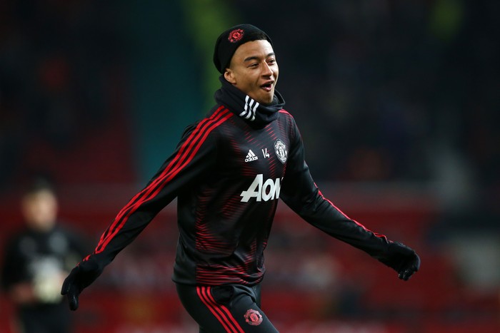 MANCHESTER, ENGLAND - JANUARY 29:  Jesse Lingard of Manchester United warms prior to the Premier League match between Manchester United and Burnley at Old Trafford on January 29, 2019 in Manchester, United Kingdom.  (Photo by Alex Livesey/Getty Images)