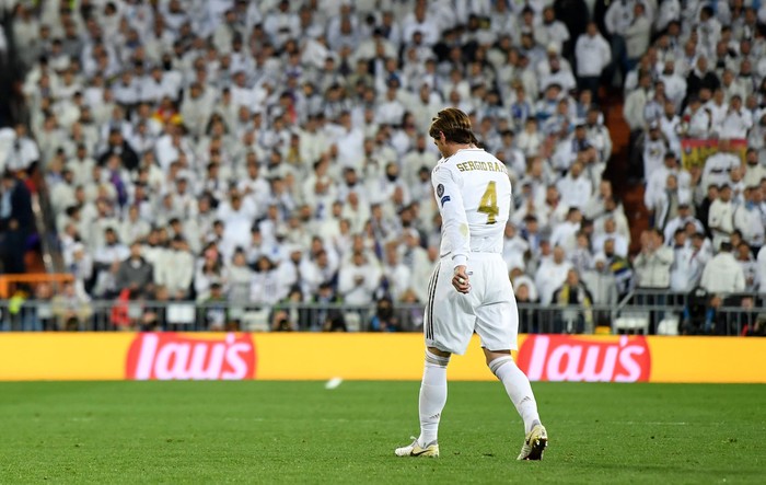 MADRID, SPAIN - FEBRUARY 26: Sergio Ramos of Real Madrid looks dejected as he leaves the pitch after receiving a red card during the UEFA Champions League round of 16 first leg match between Real Madrid and Manchester City at Bernabeu on February 26, 2020 in Madrid, Spain. (Photo by David Ramos/Getty Images)