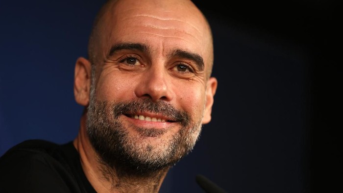 MADRID, SPAIN - FEBRUARY 25: Pep Guardiola, Manager of Manchester City reacts during a press conference ahead of their UEFA Champions League round of 16 first leg match against Real Madrid at Estadio Santiago Bernabeu on February 25, 2020 in Madrid, Spain. (Photo by Angel Martinez/Getty Images)