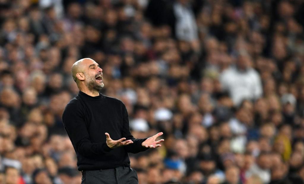 MADRID, SPAIN - FEBRUARY 26: Pep Guardiola, Manager of Manchester City reacts during the UEFA Champions League round of 16 first leg match between Real Madrid and Manchester City at Bernabeu on February 26, 2020 in Madrid, Spain. (Photo by David Ramos/Getty Images)