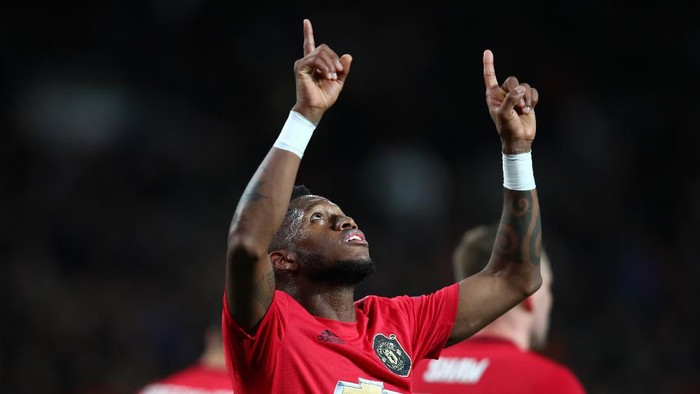 MANCHESTER, ENGLAND - FEBRUARY 27: Fred of Manchester United celebrates after scoring his teams fourth goal during the UEFA Europa League round of 32 second leg match between Manchester United and Club Brugge at Old Trafford on February 27, 2020 in Manchester, United Kingdom. (Photo by Clive Brunskill/Getty Images)