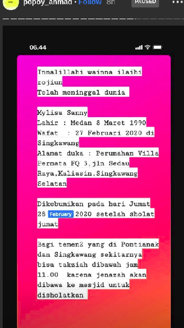 Selebgram Mylisa Sanny meninggal