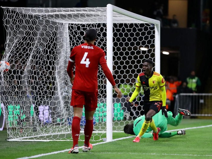WATFORD, ENGLAND - FEBRUARY 29: Ismaila Sarr of Watford celebrates after scoring his teams first goal during the Premier League match between Watford FC and Liverpool FC at Vicarage Road on February 29, 2020 in Watford, United Kingdom. (Photo by Richard Heathcote/Getty Images)