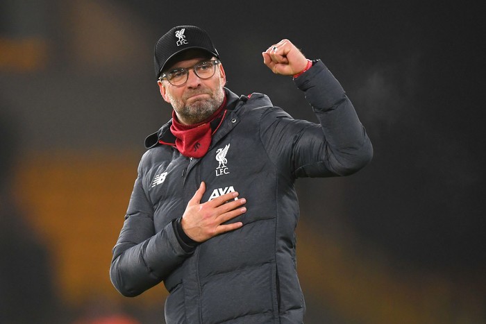 WOLVERHAMPTON, ENGLAND - JANUARY 23: Liverpool manager Jurgen Klopp celebrates after the Premier League match between Wolverhampton Wanderers and Liverpool FC at Molineux on January 23, 2020 in Wolverhampton, United Kingdom. (Photo by Michael Regan/Getty Images)