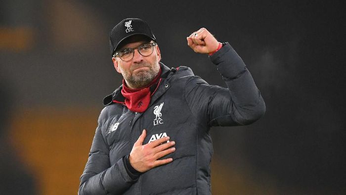 Juergen Klopp WOLVERHAMPTON, ENGLAND - JANUARY 23: Liverpool manager Jurgen Klopp celebrates after the Premier League match between Wolverhampton Wanderers and Liverpool FC at Molineux on January 23, 2020 in Wolverhampton, United Kingdom. (Photo by Michael Regan/Getty Images)