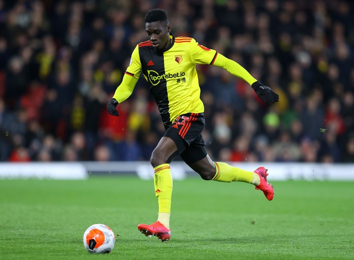 WATFORD, ENGLAND - FEBRUARY 29: Ismaila Sarr of Watford in action during the Premier League match between Watford FC and Liverpool FC at Vicarage Road on February 29, 2020 in Watford, United Kingdom. (Photo by Richard Heathcote/Getty Images)