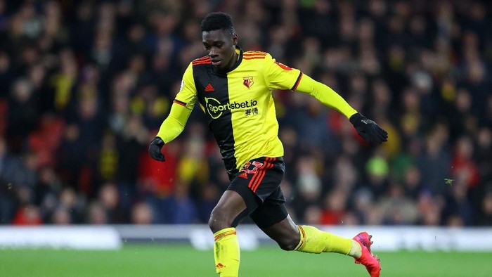 WATFORD, ENGLAND - FEBRUARY 29: Ismaila Sarr of Watford in action during the Premier League match between Watford FC and Liverpool FC at Vicarage Road on February 29, 2020 in Watford, United Kingdom. (Photo by Richard Heathcote/Getty Images)