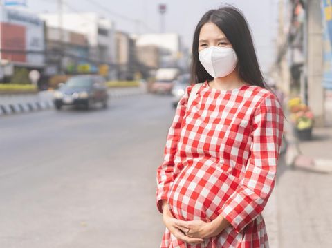 Asian pregnant Woman She is in the middle of the road Wear a PM2.5 dust mask.