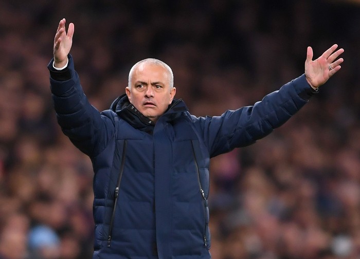 LONDON, ENGLAND - FEBRUARY 19: Jose Mourinho, Manager of Tottenham Hotspur  during the UEFA Champions League round of 16 first leg match between Tottenham Hotspur and RB Leipzig at Tottenham Hotspur Stadium on February 19, 2020 in London, United Kingdom. (Photo by Laurence Griffiths/Getty Images)