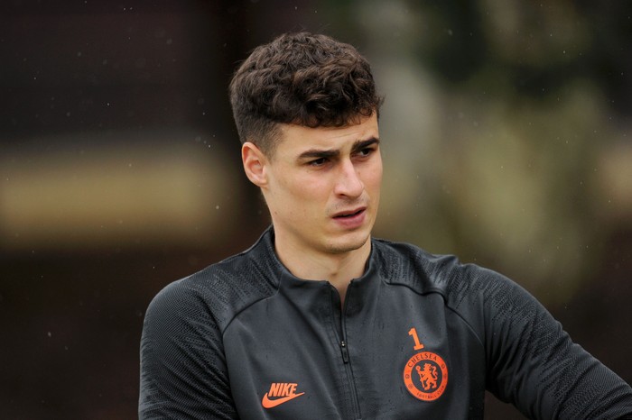 COBHAM, ENGLAND - FEBRUARY 24: Kepa Arrizabalaga of Chelsea walks out ahead of a training session ahead of their UEFA Champions League Round of 16 first leg match against Bayern Munich at Chelsea Training Ground on February 24, 2020 in Cobham, England. (Photo by Alex Burstow/Getty Images)