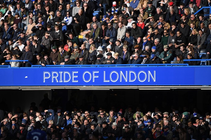 LONDON, ENGLAND - MARCH 10: Chelsea fans look on in the sunshine during the Premier League match between Chelsea FC and Wolverhampton Wanderers at Stamford Bridge on March 10, 2019 in London, United Kingdom. (Photo by Mike Hewitt/Getty Images)