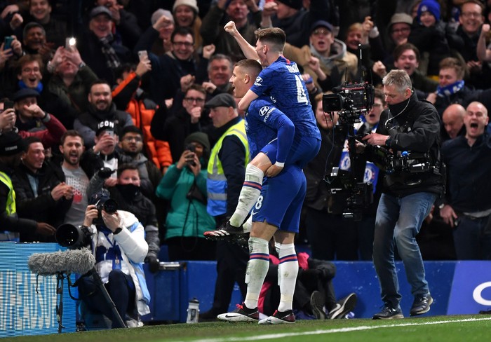LONDON, ENGLAND - MARCH 03: Ross Barkley of Chelsea celebrates after scoring his sides second goal with Billy Gilmour during the FA Cup Fifth Round match between Chelsea FC and Liverpool FC at Stamford Bridge on March 03, 2020 in London, England. (Photo by Shaun Botterill/Getty Images)