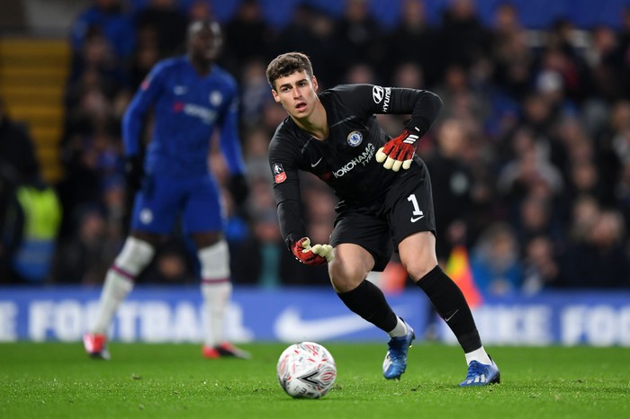 LONDON, ENGLAND - MARCH 03: Kepa Arrizabalaga of Chelsea in action prior to the FA Cup Fifth Round match between Chelsea FC and Liverpool FC at Stamford Bridge on March 03, 2020 in London, England. (Photo by Shaun Botterill/Getty Images)