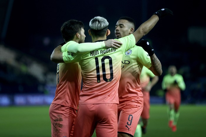 SHEFFIELD, ENGLAND - MARCH 04: Sergio Aguero of Manchester City celebrates with teammates after scoring his sides first goal during the FA Cup Fifth Round match between Sheffield Wednesday and Manchester City at Hillsborough on March 04, 2020 in Sheffield, England. (Photo by Clive Brunskill/Getty Images)
