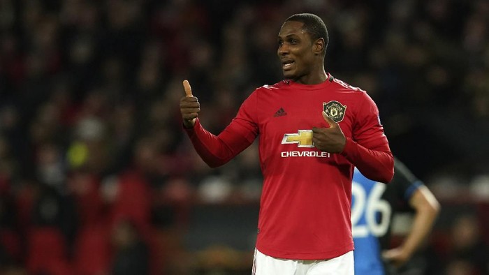 Manchester Uniteds Odion Ighalo gestures during the round of 32 second leg Europa League soccer match between Manchester United and Brugge at Old Trafford in Manchester, England, Thursday, Feb. 27, 2020. (AP Photo/Dave Thompson)