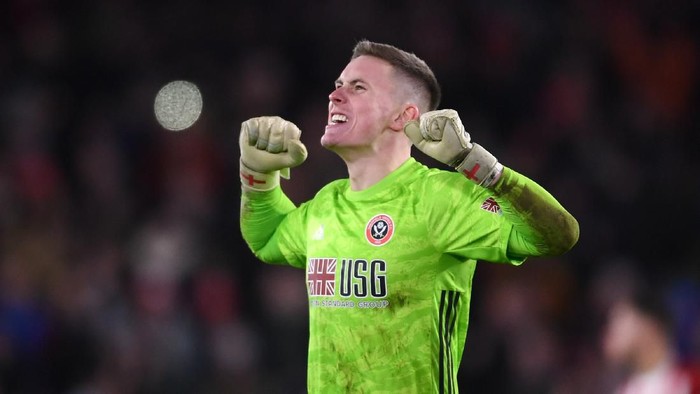 SHEFFIELD, ENGLAND - JANUARY 10: Dean Henderson of Sheffield United celebrates during the Premier League match between Sheffield United and West Ham United at Bramall Lane on January 10, 2020 in Sheffield, United Kingdom. (Photo by Laurence Griffiths/Getty Images)