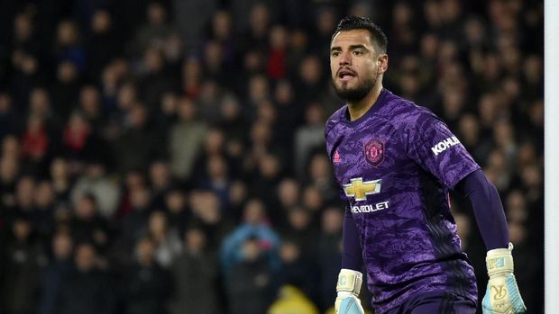 Manchester United's goalkeeper Sergio Romero reacts during the FA Cup fifth round soccer match between Derby County and Manchester United at Pride Park in Derby, England, Thursday, March 5, 2020. (AP Photo/Rui Vieira)