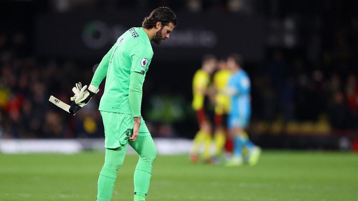 WATFORD, ENGLAND - FEBRUARY 29: Alisson Becker of Liverpool looks dejected following the Premier League match between Watford FC and Liverpool FC at Vicarage Road on February 29, 2020 in Watford, United Kingdom. (Photo by Richard Heathcote/Getty Images)