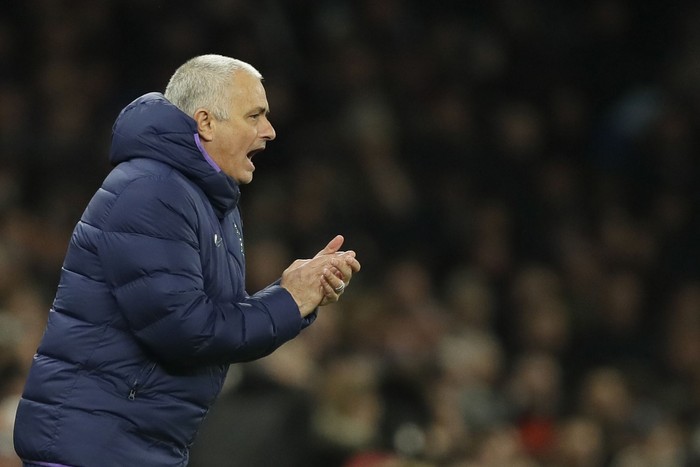 Tottenhams manager Jose Mourinho shouts during the English FA Cup fifth round soccer match between Tottenham Hotspur and Norwich City at Tottenham Hotspur stadium in London Wednesday, March 4, 2020. (AP Photo/Kirsty Wigglesworth)