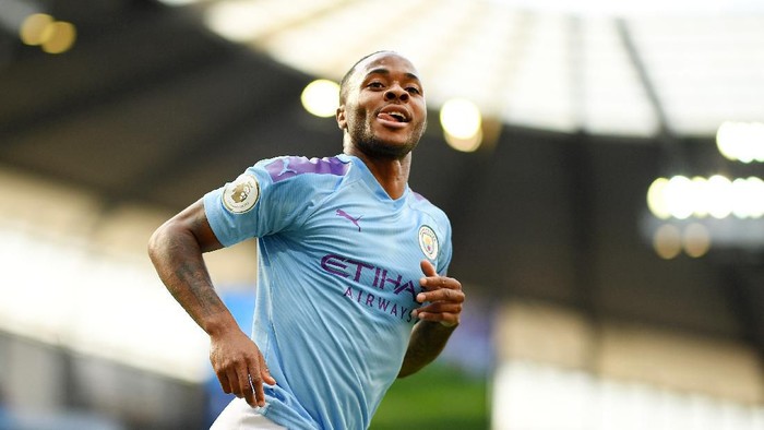 MANCHESTER, ENGLAND - AUGUST 17: Raheem Sterling of Manchester City celebrates after scoring his teams first goal during the Premier League match between Manchester City and Tottenham Hotspur at Etihad Stadium on August 17, 2019 in Manchester, United Kingdom. (Photo by Shaun Botterill/Getty Images)