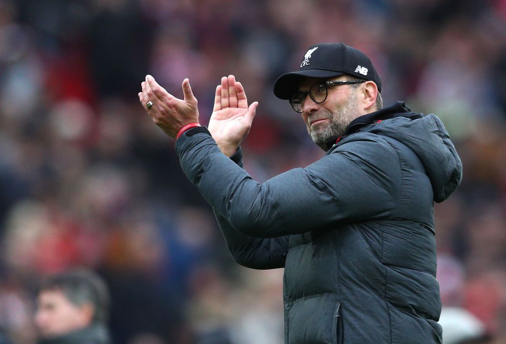 LIVERPOOL, ENGLAND - MARCH 07: Jurgen Klopp, Manager of Liverpool celebrates following his sides victory in the Premier League match between Liverpool FC and AFC Bournemouth  at Anfield on March 07, 2020 in Liverpool, United Kingdom. (Photo by Jan Kruger/Getty Images)