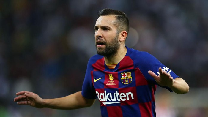 JEDDAH, SAUDI ARABIA - JANUARY 09:  Jordi Alba of Barcelona reacts during the Supercopa de Espana Semi-Final match between FC Barcelona and Club Atletico de Madrid at King Abdullah Sports City on January 09, 2020 in Jeddah, Saudi Arabia. (Photo by Francois Nel/Getty Images)