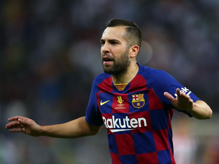 JEDDAH, SAUDI ARABIA - JANUARY 09:  Jordi Alba of Barcelona reacts during the Supercopa de Espana Semi-Final match between FC Barcelona and Club Atletico de Madrid at King Abdullah Sports City on January 09, 2020 in Jeddah, Saudi Arabia. (Photo by Francois Nel/Getty Images)