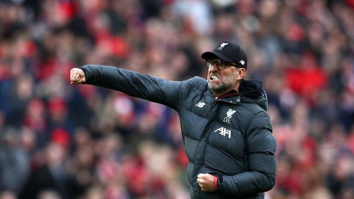 LIVERPOOL, ENGLAND - MARCH 07: Liverpool manager Jurgen Klopp celebrates at the final whistle during the Premier League match between Liverpool FC and AFC Bournemouth  at Anfield on March 07, 2020 in Liverpool, United Kingdom. (Photo by Jan Kruger/Getty Images)