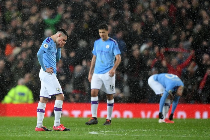 MANCHESTER, ENGLAND - MARCH 08: Phil Foden of Manchester City reacts during the Premier League match between Manchester United and Manchester City at Old Trafford on March 08, 2020 in Manchester, United Kingdom. (Photo by Michael Regan/Getty Images)