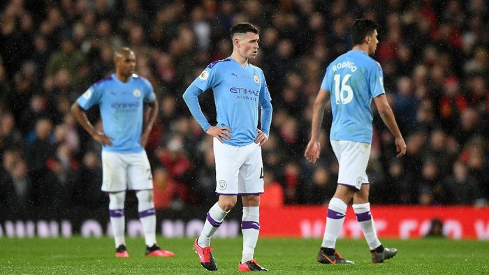 MANCHESTER, ENGLAND - MARCH 08: Phil Foden of Manchester City reacts during the Premier League match between Manchester United and Manchester City at Old Trafford on March 08, 2020 in Manchester, United Kingdom. (Photo by Michael Regan/Getty Images)