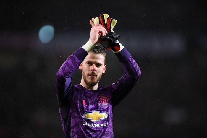 MANCHESTER, ENGLAND - MARCH 08: David De Gea of Manchester United celebrates after the Premier League match between Manchester United and Manchester City at Old Trafford on March 08, 2020 in Manchester, United Kingdom. (Photo by Laurence Griffiths/Getty Images)